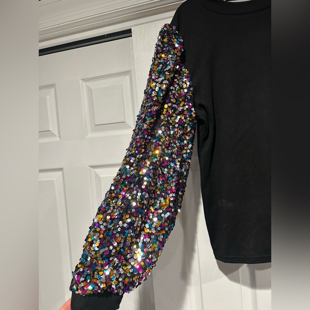 Black Women's Top with Multicolor Sequin Sleeve